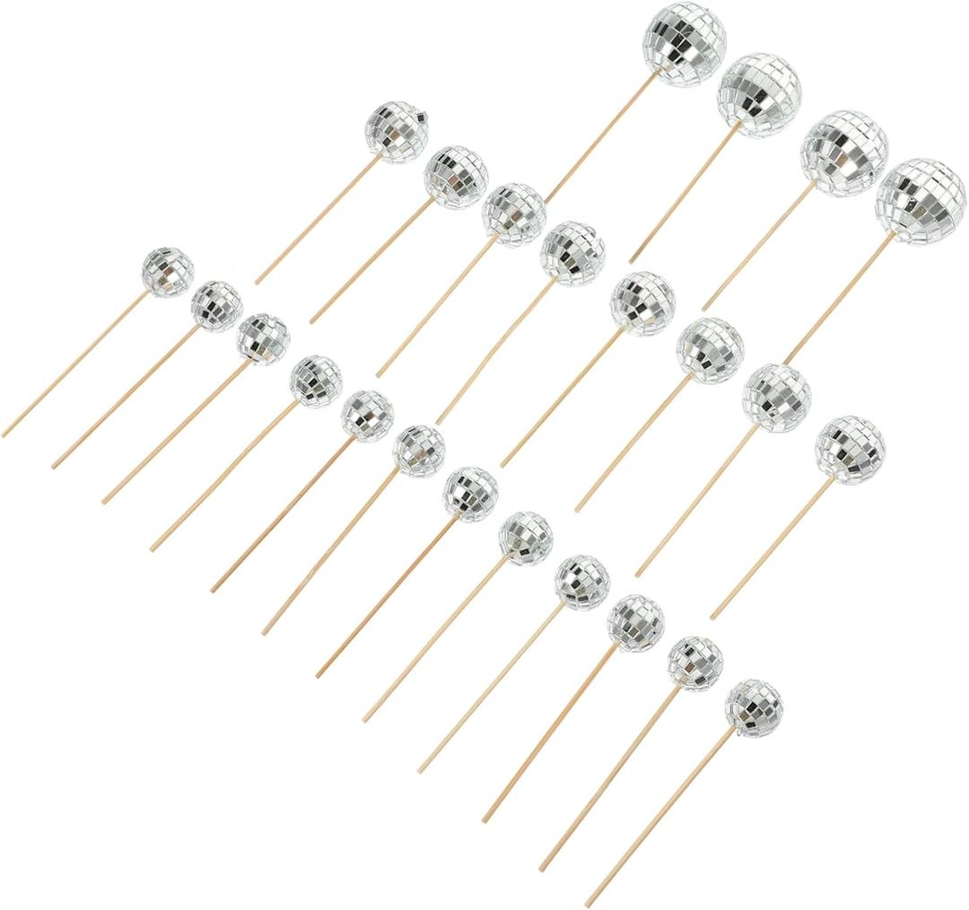 Ciieeo 24pcs Disco Cupcake Insert Toppers Style Cake Decorations for Birthday Parties Silver Mirror Finish for Photo Props and Party Favors