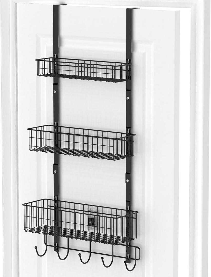 YBING Over The Door Organizer with Hooks 3 Tier Back Towel Hanger Baskets Metal Behind Hanging Storage Shelf Pantry Racks for Bedroom Bathroom Black, R01-R984