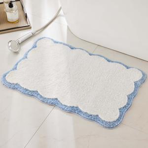 Luxury Microfiber Bathroom Rugs, White Bath Rug with Blue Scalloped Piping Cute Aesthetic Preppy Bath Mat for Bathroom, Tub, Floor Carpet, Sink, Shower, Anti Slip, Absorbent, 32x20 (1'8" x 2'8" (Rectangular))