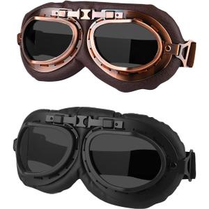 Motorcycle Goggles, 2 Pack Vintage Pilot Style Riding Goggle Burning Man Goggles for Men Women Youth Adult (Black + Brown / Gray Lens)