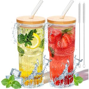 32oz Ribbed Glassware Large Cup, Glass Cups With Lids And Straws,Iced Coffee Cups With Lids,Glasses Drinking Set,Cute Cups,Boba Cup,With Straw Brush,Ideal Gift