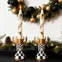 WDS WONDROUS Christmas Candle Holders Reindeer Black White Set of 2  Deer Taper Candle Holders with Gold Antlers & Check Pattern, Holiday Candlestick Holders for Table Centerpiece, Mantel & Gift