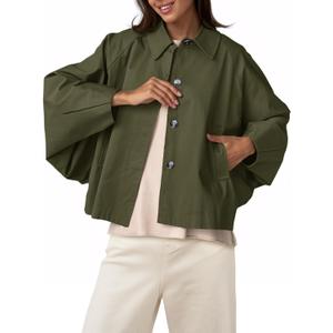 Cicy Bell Womens Cropped Jacket Lightweight Batwing Sleeve Trendy Casual Short Trench Coats Button Up Outerwear (Green)