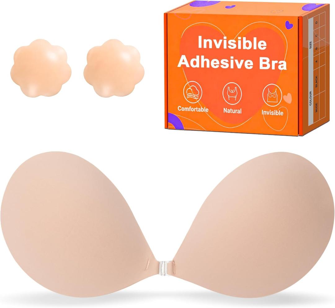 Sticky Push Up Strapless Bras for Women, Ultra Adhesive Bra for Backless Dress, Invisible Silicon Bra with Nipple Cover (Nude)