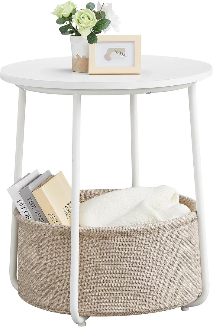 VASAGLE LILEA Collection - Small Round Side End Table, Modern Nightstand with Fabric Basket, Matte White and Camel Brown ULET223W10, Round + 1 Pack