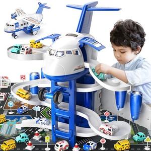 DULONIME Airplane Toys for Toddlers 3-5 - Car Race Tracks for Kids Ages 4-8 with 8 Small Car Toys, Educational Toys for Kids Ages 4-8, Birthday Gifts for Boys 3-5, Birthday Gifts for Boys Girls 4-7