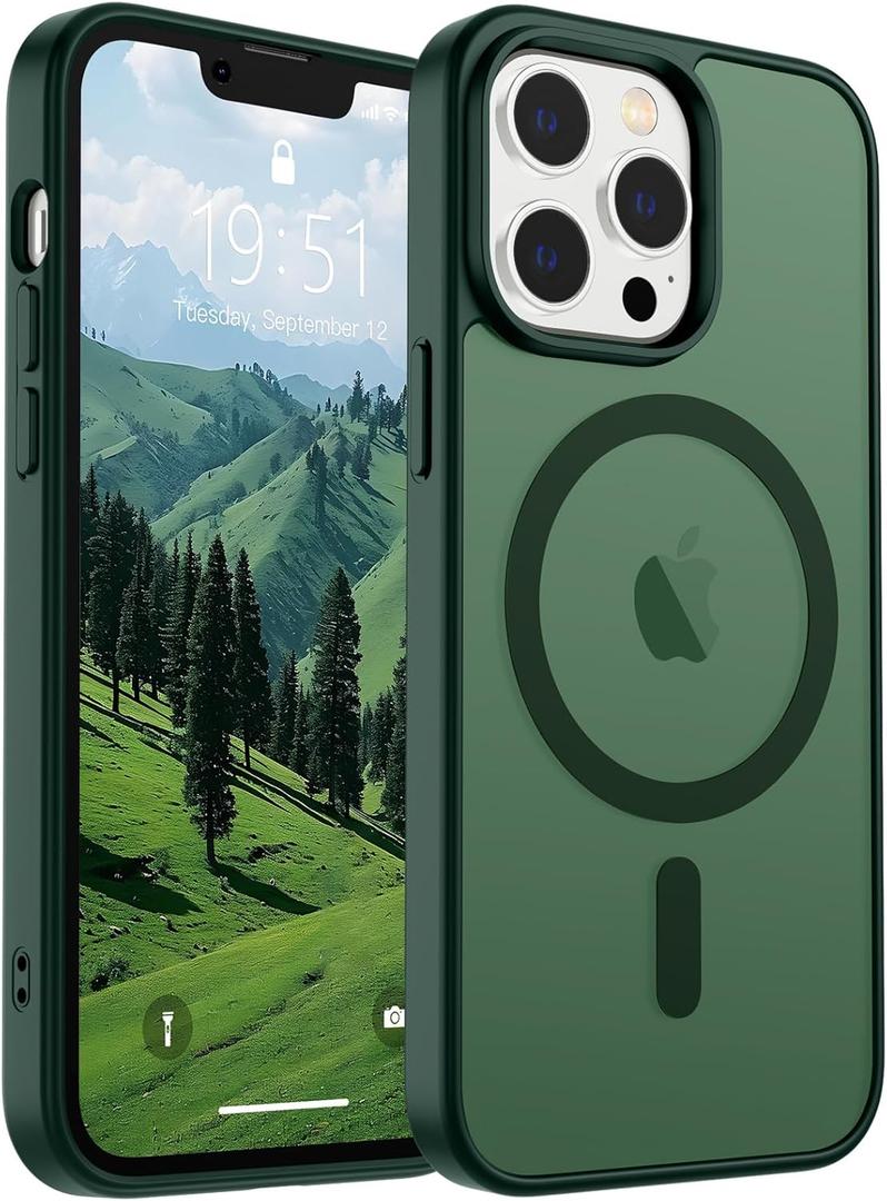 SUPFINE Magnetic for iPhone 13 Pro Case (Compatible with MagSafe) (Military Grade Drop Protection) Slim Translucent Matte Shockproof with Anti-Fingerprint Phone Case,Forest Green