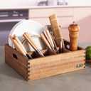 Acacia Wood Utensil Holder, Paper Plate Dispenser Organizer for Countertop - 6 Compartment Silverware Caddy for Friendsgiving Party - Cutlery Holder for Cup, Fork, Spoon, Kitchen, Camping, Buffet
