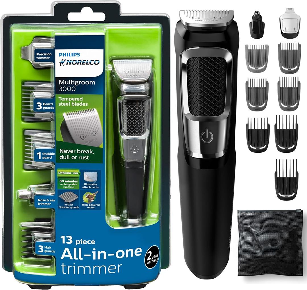 Norelco Philips Multigroomer All-in-One Trimmer Series 3000, 13 Piece Mens Grooming Kit, for Beard, Face, Nose, and Ear Hair Trimmer and Hair Clipper, NO Blade Oil Needed, MG3750/60 (Black/Chrome)