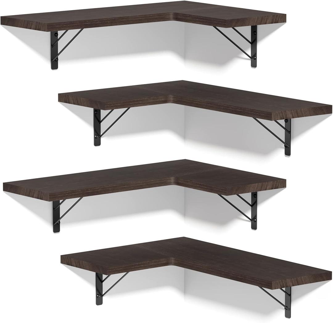 Love-KANKEI Corner Shelf Wall Mounted, Floating Wall Shelves for Storage, Rustic Wood Hanging Shelves for Display, Bedroom Bathroom Living Room Kitchen, Set of 4, Dark Brown