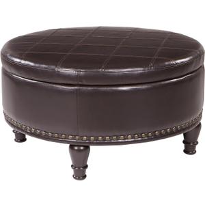 INSPIRED by Bassett OSP Home Furnishings Augusta Round Storage Ottoman with Decorative Nailheads and Flip Over Lid with Serving Tray Surface, Espresso Faux Leather