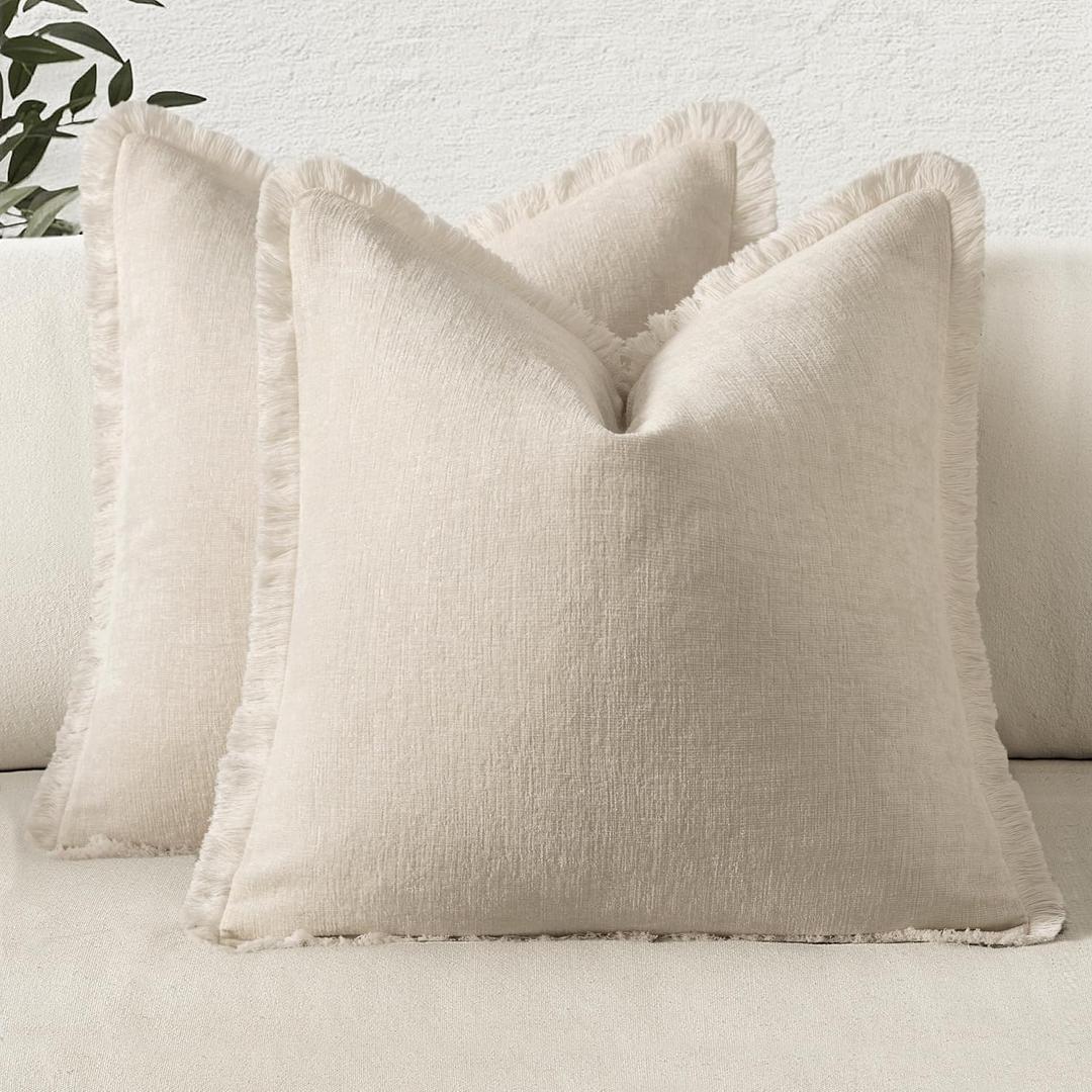 MIULEE Decorative Cream White Throw Pillow Covers 20x20 Inch Set of 2 Soft Cozy Boho Farmhouse Couch Pillow Covers with Tassels Chenille Accent Pillowcases for Spring Sofa Bed Living Room Home Decor