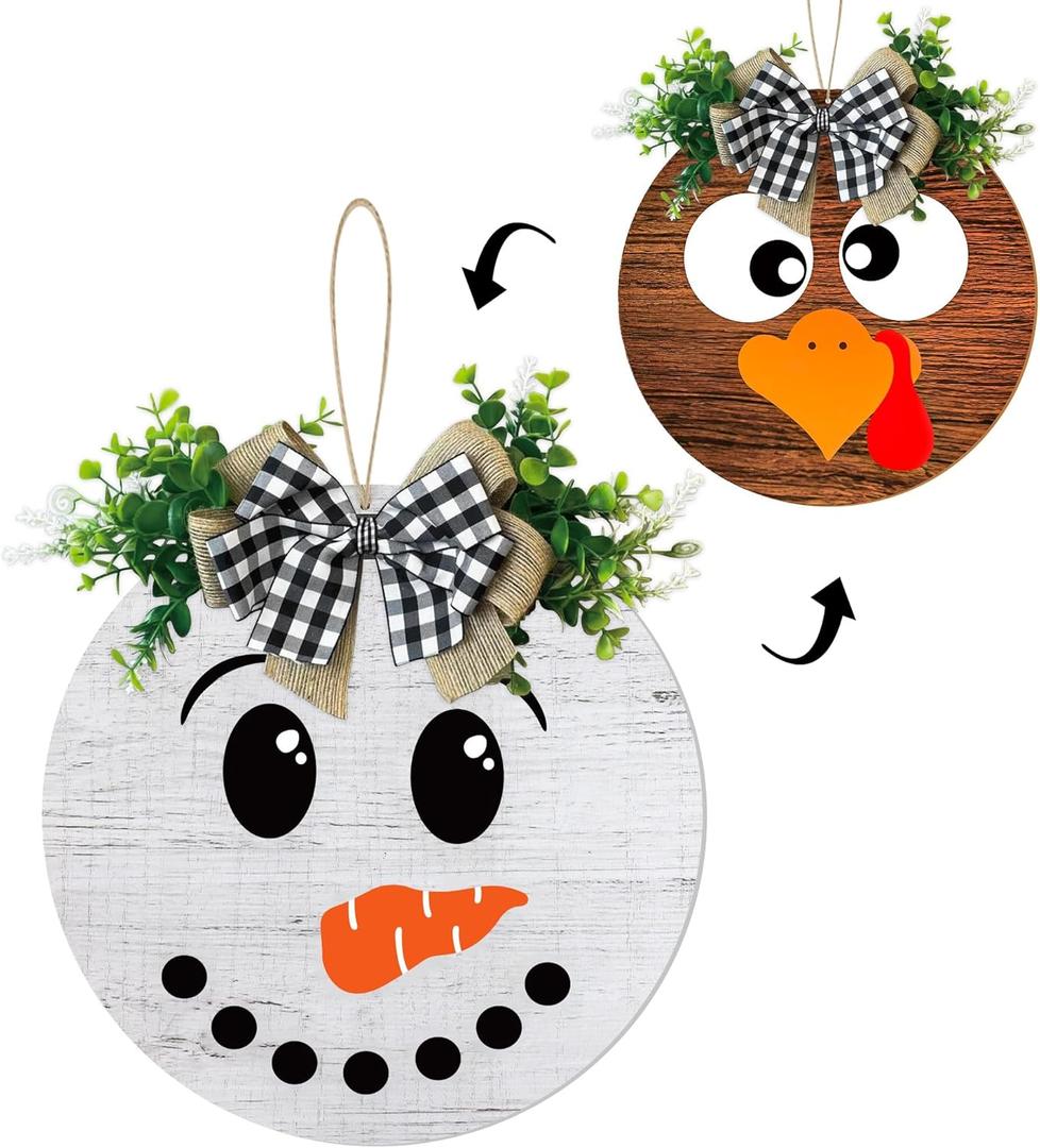 Thanksgiving/Winter Hanging Door Sign, Turkey/Snowman Reversible Door Wreath Hanging Decorations for Front Door Farmhouse Thanksgiving/Winter/Christmas Decorations Indoor Outdoor
