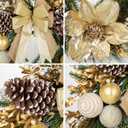 24 Champagne Christmas Wreaths for Front Door with Magnolia Fake Pearl, Christmas Door Wreath with Bow Golden Balls, Pine Needles Pine Cones for Home Wall Window Indoor Outdoor Xmas & Holiday Decor