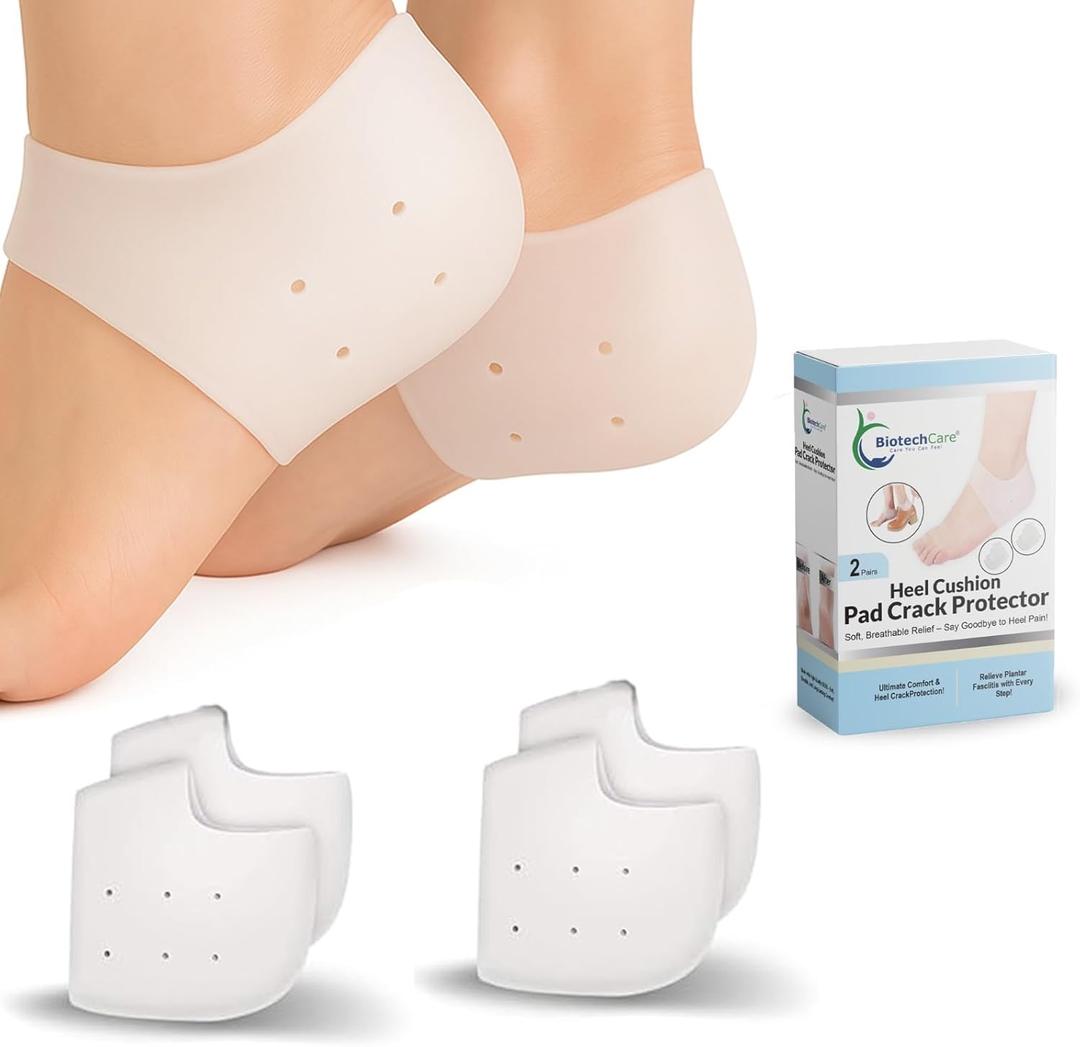 BiotechCare 2- Pairs Gel Heel Protectors for Cracked Heels & Heel Pain Relief Silicone Heel Cups & Cushions for Plantar Fasciitis, Heel Spurs, Blister Prevention, Shoe Insert for Men & Women