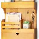 Modern Farmhouse Key Holder Wall Mount with Drawer Organizer  Pine Wooden Mail and Key Organizer with 6 Durable Hooks & Floating Wall Shelf  Ideal for Brightening Up Your Home Decor (Light Brown)