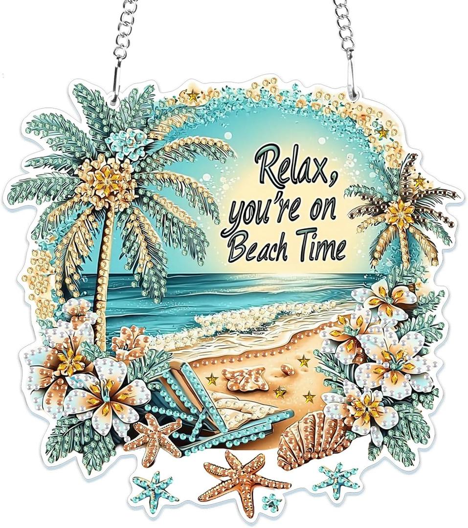 MOGTAA Beach Diamond Art Hanging Pendant Kits, 5D Special Shape Diamond Art Kits for Adults, Crystal Rhinestones Landscape Diamond Painting Gem Art for Home Garden Wall Decor