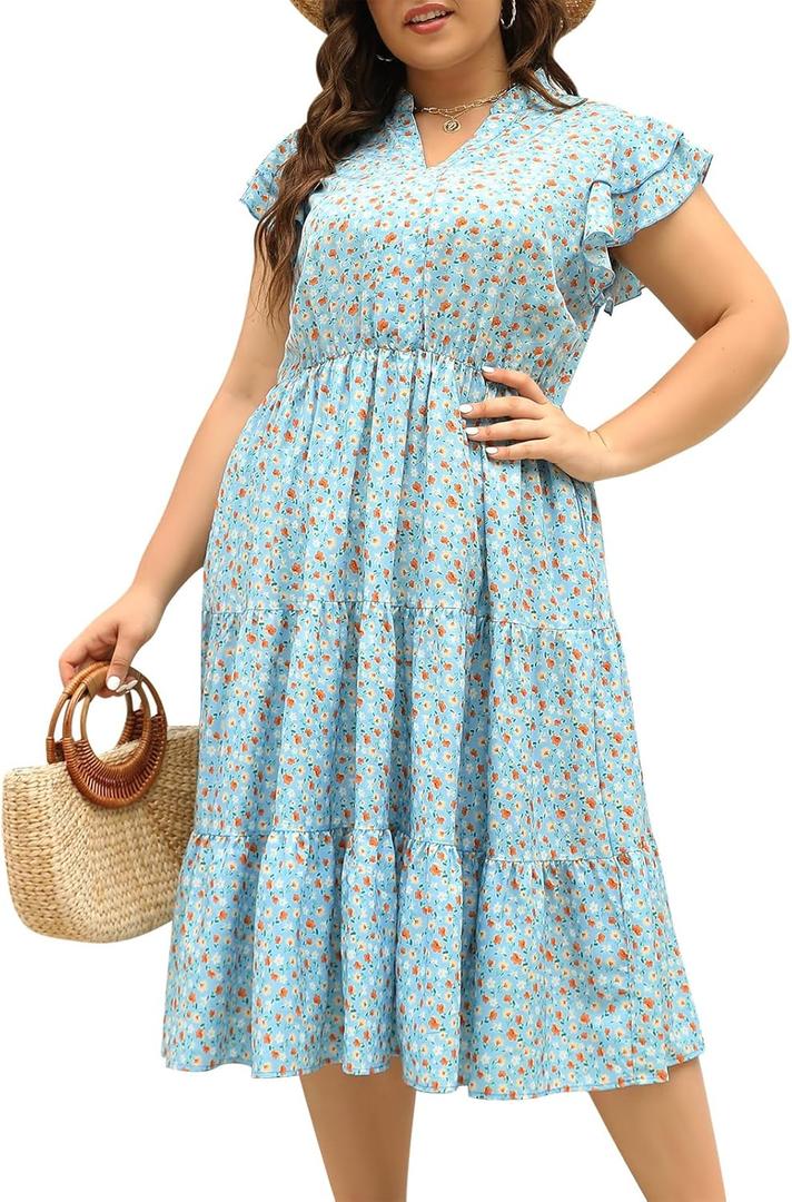 Keluummi Women's Summer Boho Floral Flutter Short Sleeve Midi Dress Flowy Casual Loose Ruffle Tiered High Waist Vacation Dress 22