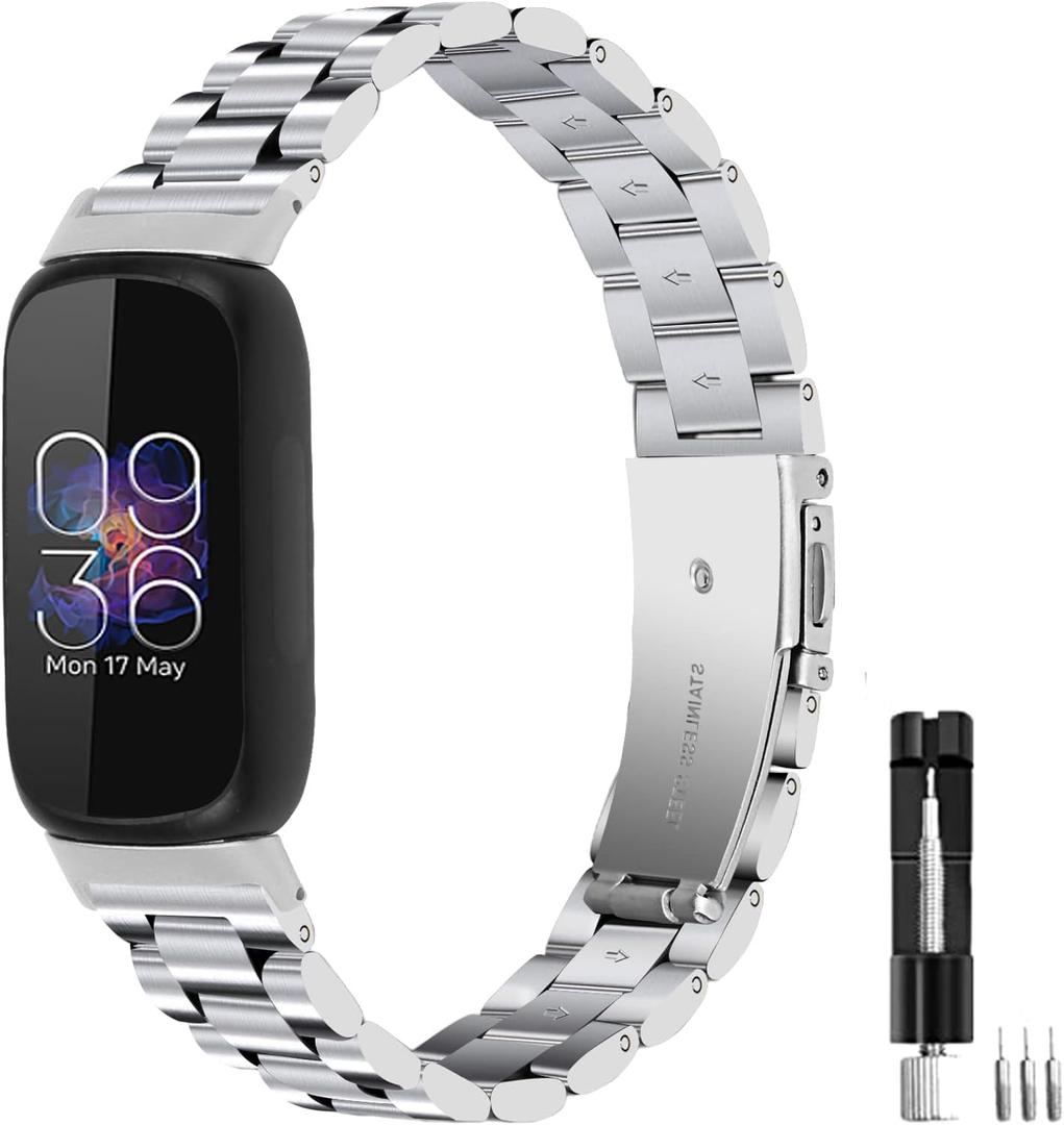 Metal Bands Compatible for Fitbit Inspire 3 for Women & Men,Solid Stainless Steel Adjustable Strap Replacement Band for Inspire 3 Fitness Tracker (Silver)