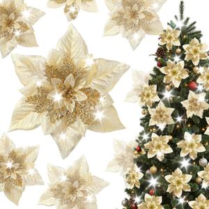 Alupssuc 24 Pieces Artificial Christmas Flowers Decorations Poinsettia Christmas Glitter Wedding Xmas Tree Ornaments Christmas Decorations with Clip and Stick, Gold