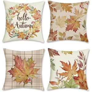 Bonhause Fall Throw Pillow Covers 18 x 18 Inch Hello Autumn Maple Leaves Wreath Plaid Decorative Pillow Cases for Couch Sofa Bed Home Hello Autumn Fall Decor Set of 4