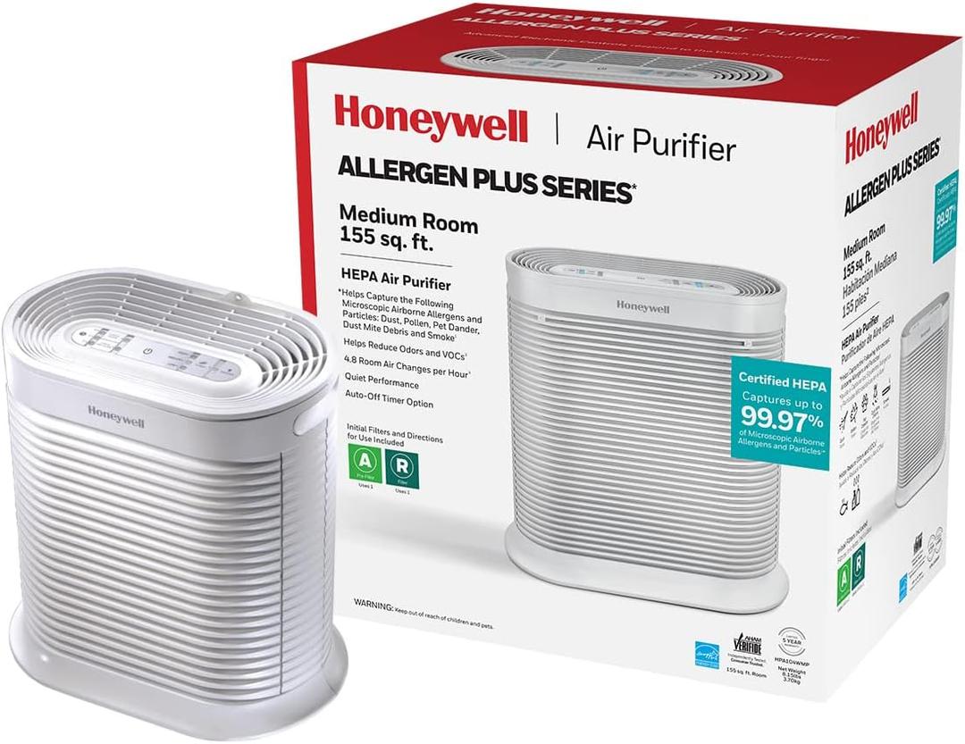 Honeywell AllergenPlus HEPA Air Purifier, Airborne Allergen Reducer for Medium Rooms, Reduces Allergens, Smoke, Wildfire Smoke, Pollen, Pet Dander and More, White, HPA104