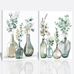 Boho Plant Wall Art Green Botanical 2Pcs Bohemain Framed Wall Printing Neutral Canvas Prints with Eucalyptus Leaf and Glass Bottle Sage Green Wall Decor For Kitchen Dining Room Living Roon Bathroom 16x24IN