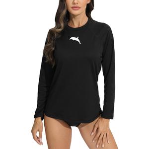Halcurt Women's Long Sleeve Rash Guard Swim Shirt with Built in Bra Lightweight UPF50+ Quick Dry Swimsuit Top (Black, XXL)