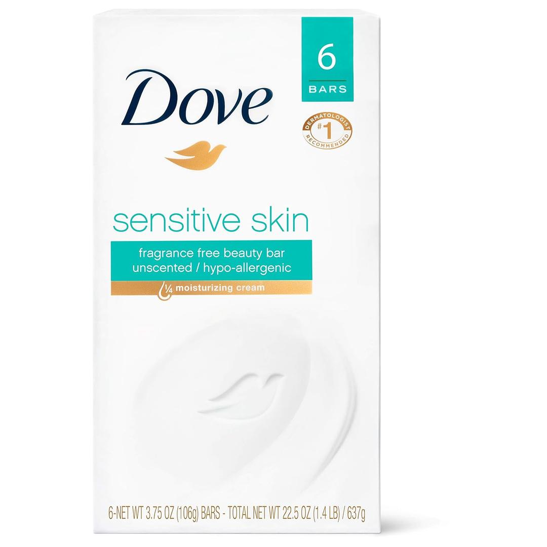 Dove Beauty Bar Gently Cleanses and Nourishes Sensitive Skin Effectively Washes Away Bacteria While Nourishing Your Skin, White, 3.75 Oz, 6 Count  