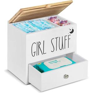 Tampon Holder for Bathroom Decor and Storage, Wood Feminine Product Organizer with Drawer and Lid, Pad and Tampon Organizer Bathroom Accessories Box for Tampon Storage, White Cotton Ball/Swab Holder, 9.4"L x 5.6"W x 8.9"H
