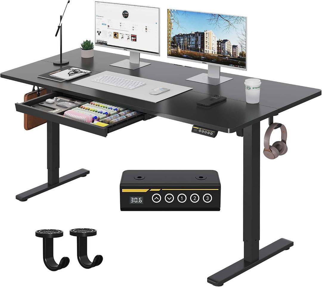 Electric Standing Desk with Drawers,55x24 inches Height Adjustable Sit-Stand Desk with Storage Shelf,3 Preset Heights,Equipped with Hooks,Ergonomic Gaming Table for Home and StudyBlack