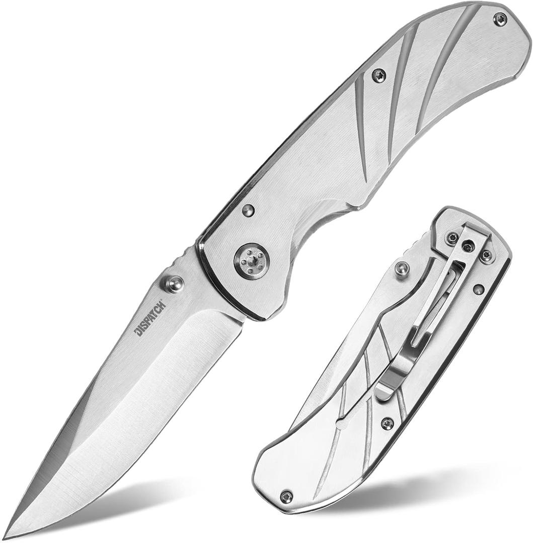 Dispatch Folding Pocket Knife with Stainless Steel Brushed Blade, Steel Handle, Liner Lock for Survival, Hunting, Tactical, Outdoor Camping EDC Tool