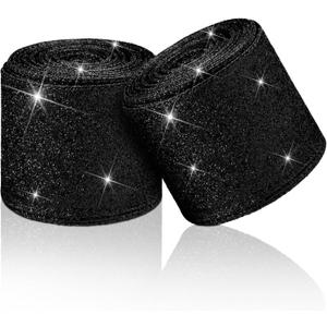 Cindeer 2 Rolls Christmas Glitter Wired Edge Ribbon Wired Fabric Ribbons for Gifts Wrapping Garland Card Craft Wreath Holiday Party Home(2.5 Inch X 20 Yard in Total,Black)