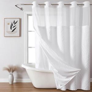No Hook Shower Curtain and Liner Set,No Hook Tufted Striped Textured Shower Curtain with Snap in Liner Replacement and Waterproof Fabric,Boho Style with See Through Top Window,White,71Wx74H (71"W x 74"L (Pack of 1), Purewhite)