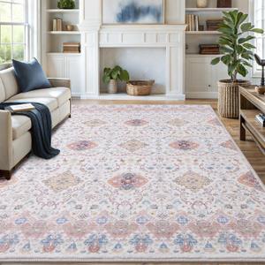 6x9 Area Rugs for Living Room, Bedroom - Machine Washable, Non-Slip Bedside Rug, Large Soft Floor Carpet for Office, Dining Room, Farmhouse and Home Decor, Charm/Beige