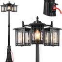 Outdoor Lamp Post Light Fixture, Black Dusk to Dawn Lamp Posts with Outlet, 3-Head Street Lamps Outdoor Lighting, Waterproof Outside Post Lights Hardwired, Anti-Rust Outside Pole Light for Yard