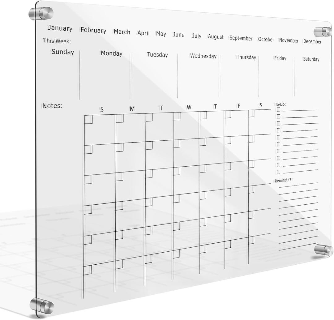 TIANSE Acrylic Dry Erase Board 24" x 18" Wall Calendar Monthly Acrylic Whiteboard Dry Erase Calendar for Office School and Home Walls with 3 Marker Pen