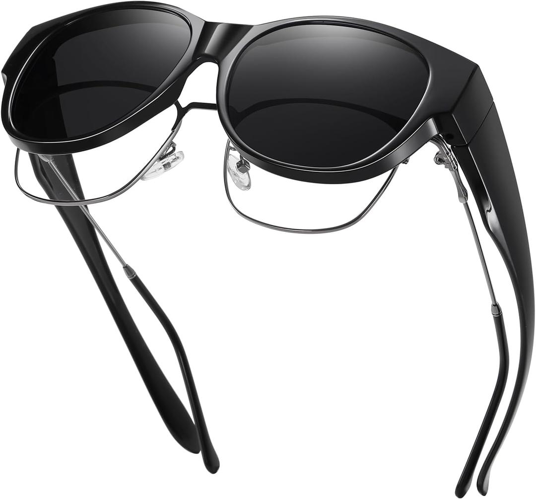 GEGURI Fit Over Glasses Polarized Sunglasses for Women & Men, Stylish Cat Eye Design Sun Glasses 100% UV Protection (01 Black Frame Grey Lens)