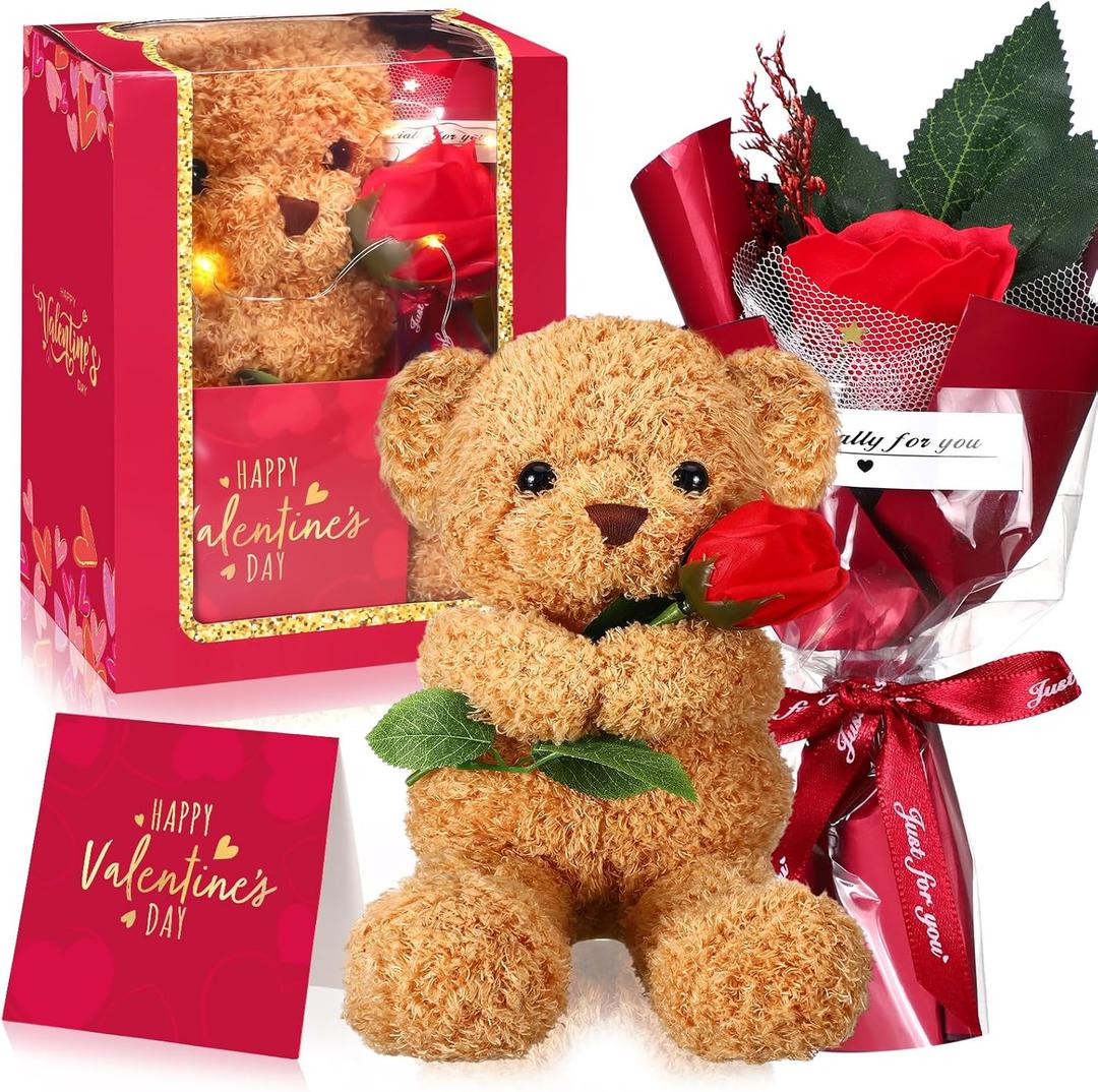 Valentine's Day Gift Set Plush Stuffed Animal Bear Gift with Rose Card and Box with Window 8.67 Cute Stuffed Animal Bear Plush Gift(Red)