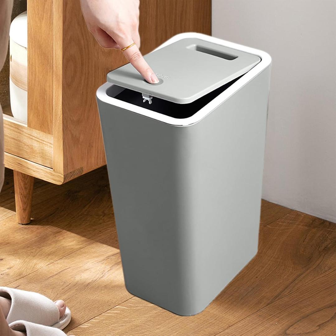 Bathroom Trash Can with Lid, Slim Bathroom Trash Can, Mini Plastic Garbage Basket with Press Lid, Suitable for Living Room, Bedroom, Kitchen (Gray)