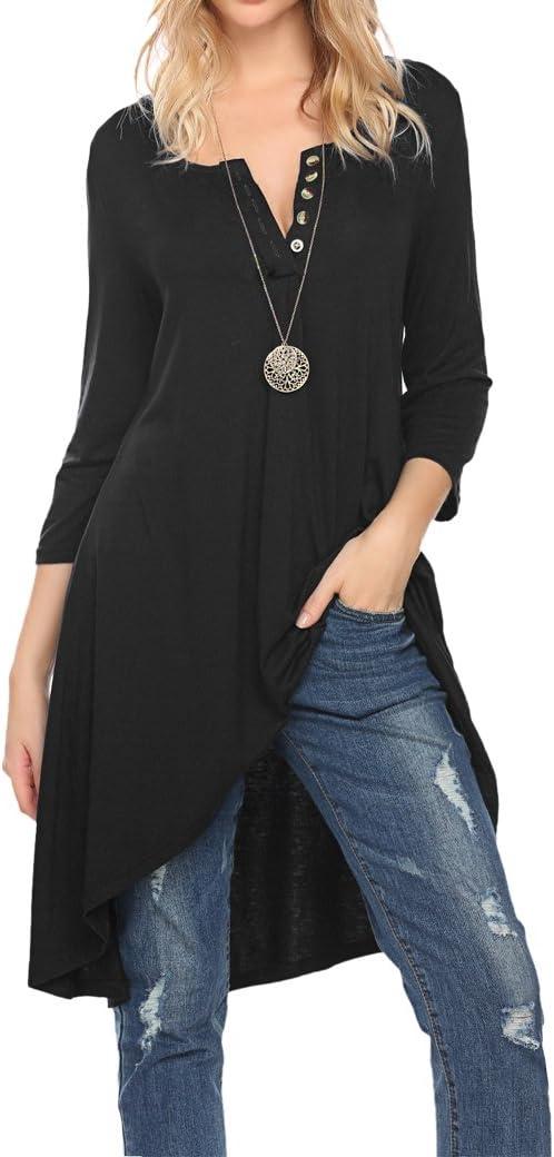 Naggoo Women's 3/4 Sleeve Button V Neck High Low Loose Fit Casual Long Tunic Tops Tee Shirts S-3XL (Large, Black)