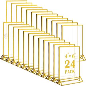 24 Pcs Gold Acrylic Sign Holder,4x6 Clear Table Sign Holder with Vertical Stand,Gold Frame Plastic Display for Restaurant Office School Wedding and Store