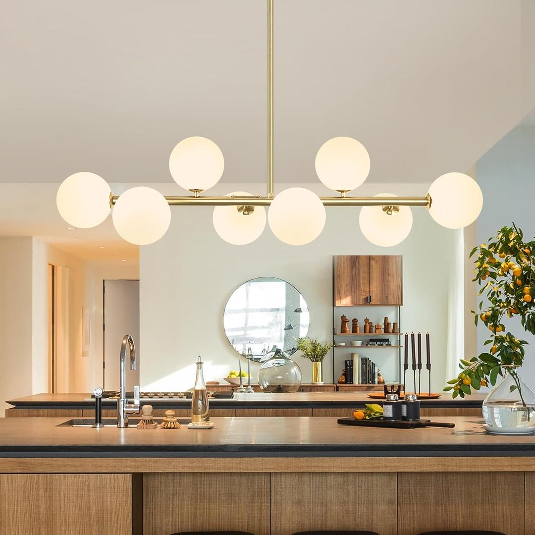 Linear Globe Chandelier, 8-Light Sputnik Chandeliers Gold Chandeliers for Dining Room Light Fixture 37" Electroplated Brass Chandelier Mid Century Linear Chandelier Milk White Glass Island Lights