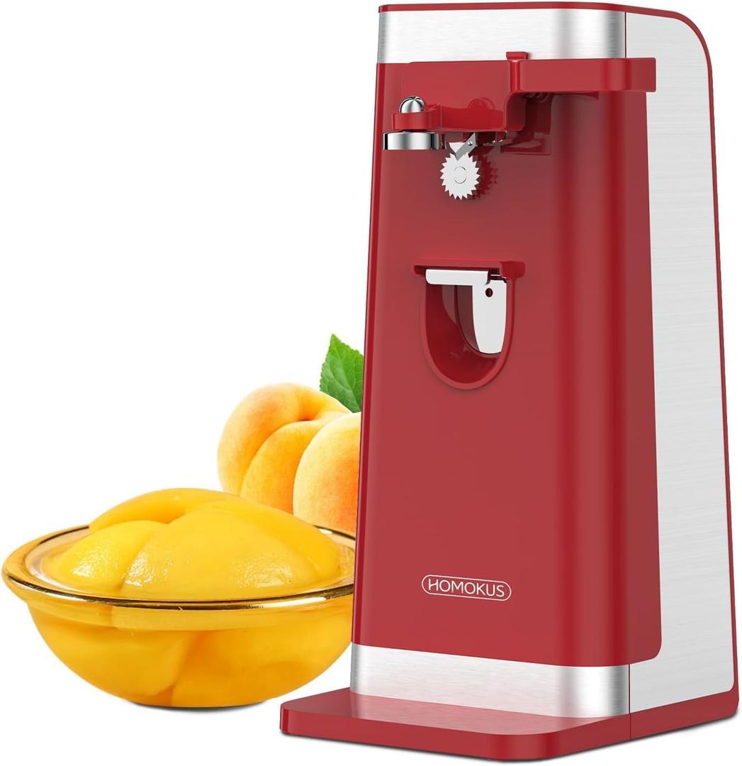 HOMOKUS Automatic Electric Can Opener with Easy-Clean Detachable Cutting Lever and Cord Storage, Red