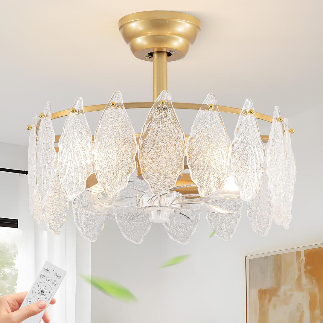 akiuzna 20-Inch Gold Crystal Fandelier Ceiling Fan with Light and Remote, Mid-Century Modern Caged Chandelier Fan, 6-Speed Reversible Motor for Bedroom, Nursery, Living Room, gold2