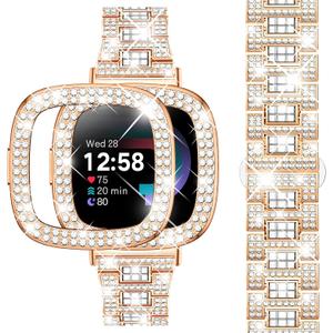 Dsytom Bling Stylish Watch Band Compatible With Fitbit Versa 4, Sense 2, Versa 3, Sense - Cute Strap With Rhinestone Protective Case Cover for Women