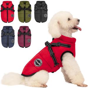 Warm Dog Winter Coat, Fashion Pet Cold Weather Jacket with Built-in Harness, Reflective & Adjustable Comfortable Pet Vest, Windproof Apparel for Small Medium Large Dogs (Red)