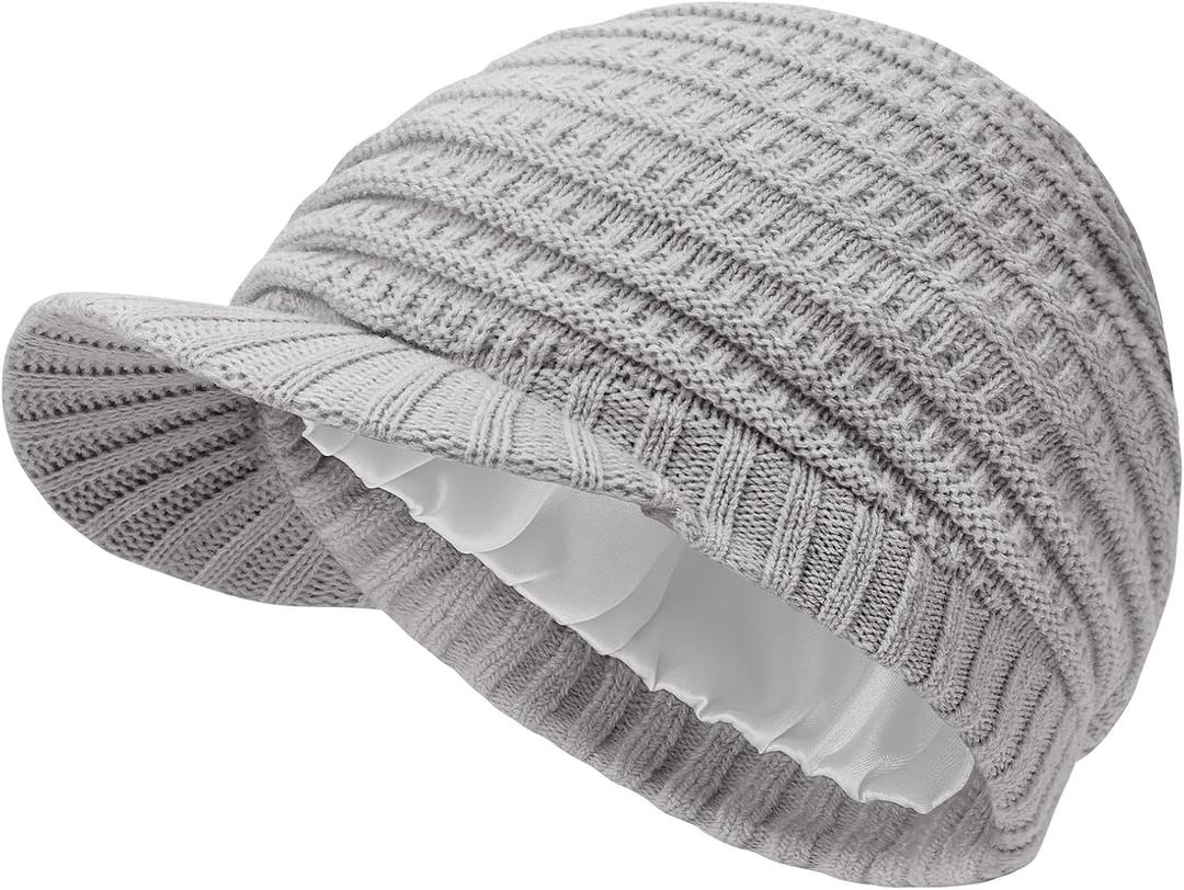 Womens Satin Lined Beanie Slouchy Winter Knit Hat Newsboy Hat with Brim Silk Lined Beanie (One Size, Light-gray)