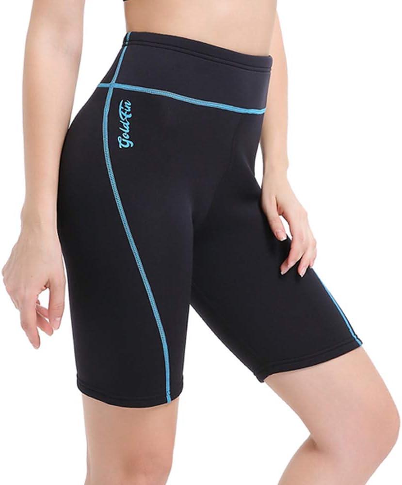 GoldFin Wetsuit Shorts for Women, 2mm Neoprene Short Wetsuit for Water Sports Surfing Diving Swimming Kayaking (Medium, Blue/Line)