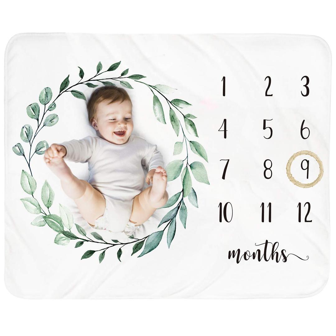 Baby Monthly Milestone Blanket Boy - Newborn Month Blanket Unisex Neutral Personalized Shower Gift Leaf Nursery Decor Photography Background Prop with Wooden Wreath Large 51''x40''